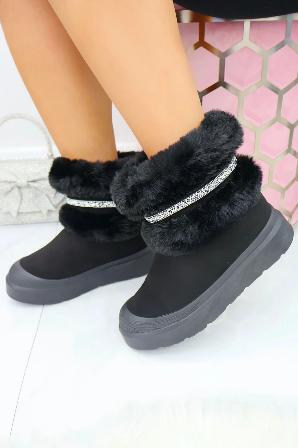 Love Lemonade Black Crystal Embellished Faux Fur Trim Boots - 3 Image 1