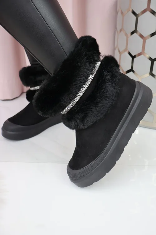 Love Lemonade Black Crystal Embellished Faux Fur Trim Boots - 3 Image 3