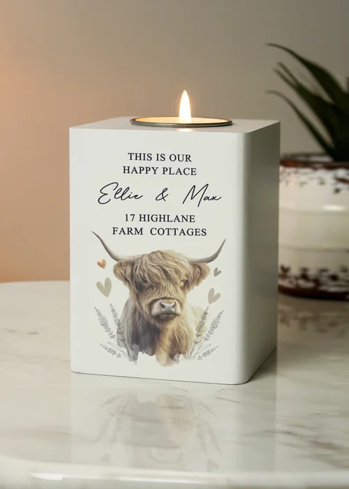 Personalised Memento Company Highland Cow White Wooden Tealight Holder - One Size Image 1