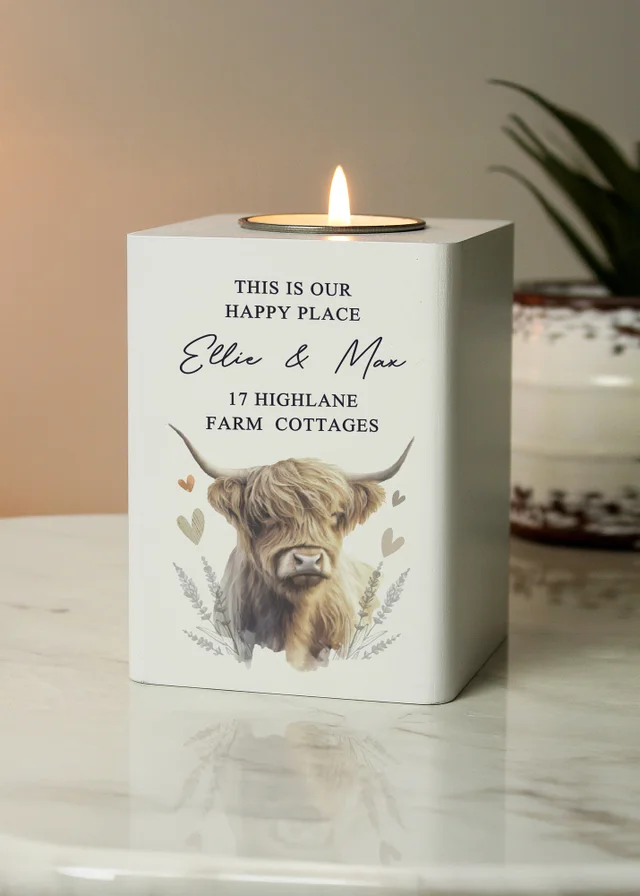 Personalised Memento Company Highland Cow White Wooden Tealight Holder
