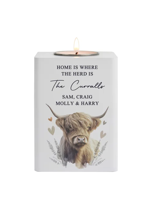 Personalised Memento Company Highland Cow White Wooden Tealight Holder - One Size Image 3