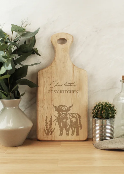 Personalised Memento Company Highland Cow Brown Paddle Chopping Board - One Size Image 1