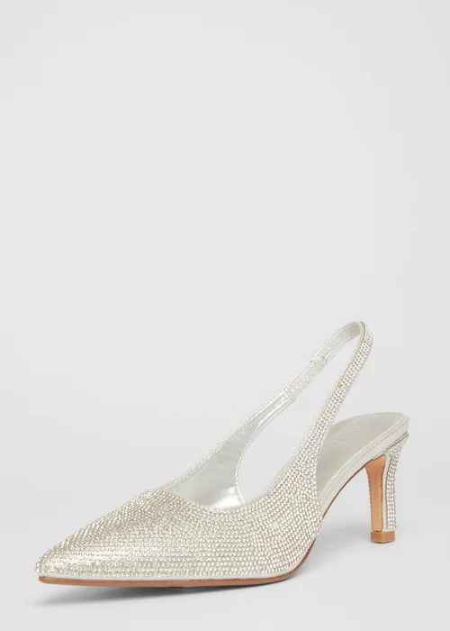 Quiz Silver Diamante Sling Back Heels - 3 Image 1