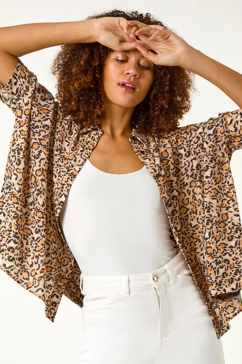 Roman Tan Animal Print Relaxed Blouse - 10 Image 3