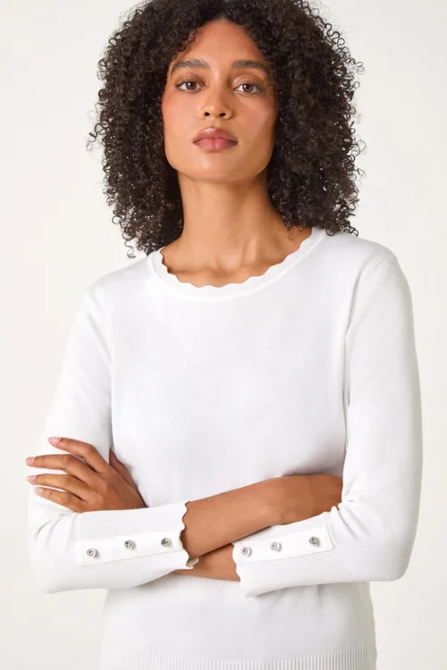 Roman Ivory Scallop Neck Button Knit Jumper - 10 Image 4