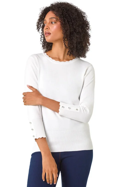 Roman Ivory Scallop Neck Button Knit Jumper - 10 Image 1