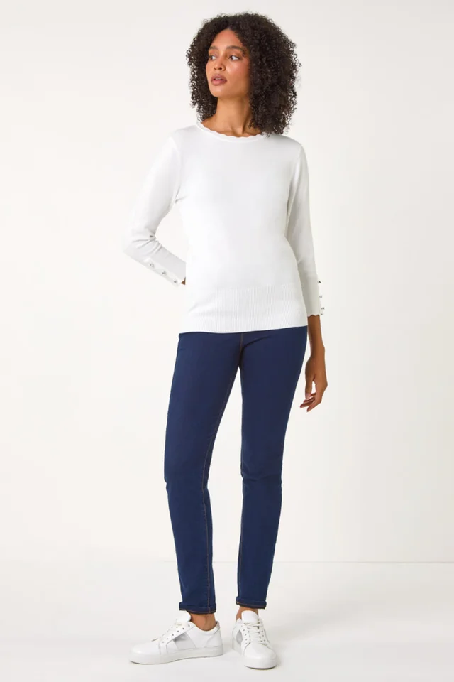 Roman Ivory Scallop Neck Button Knit Jumper