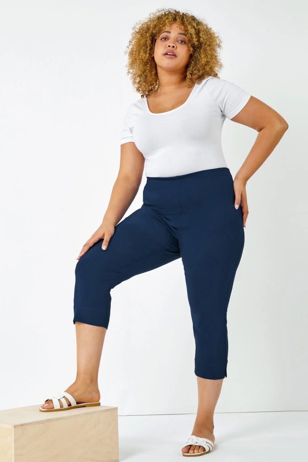 Roman Midnight Blue Curve Cropped Elastic Waist Stretch Trouser - 20 Image 3