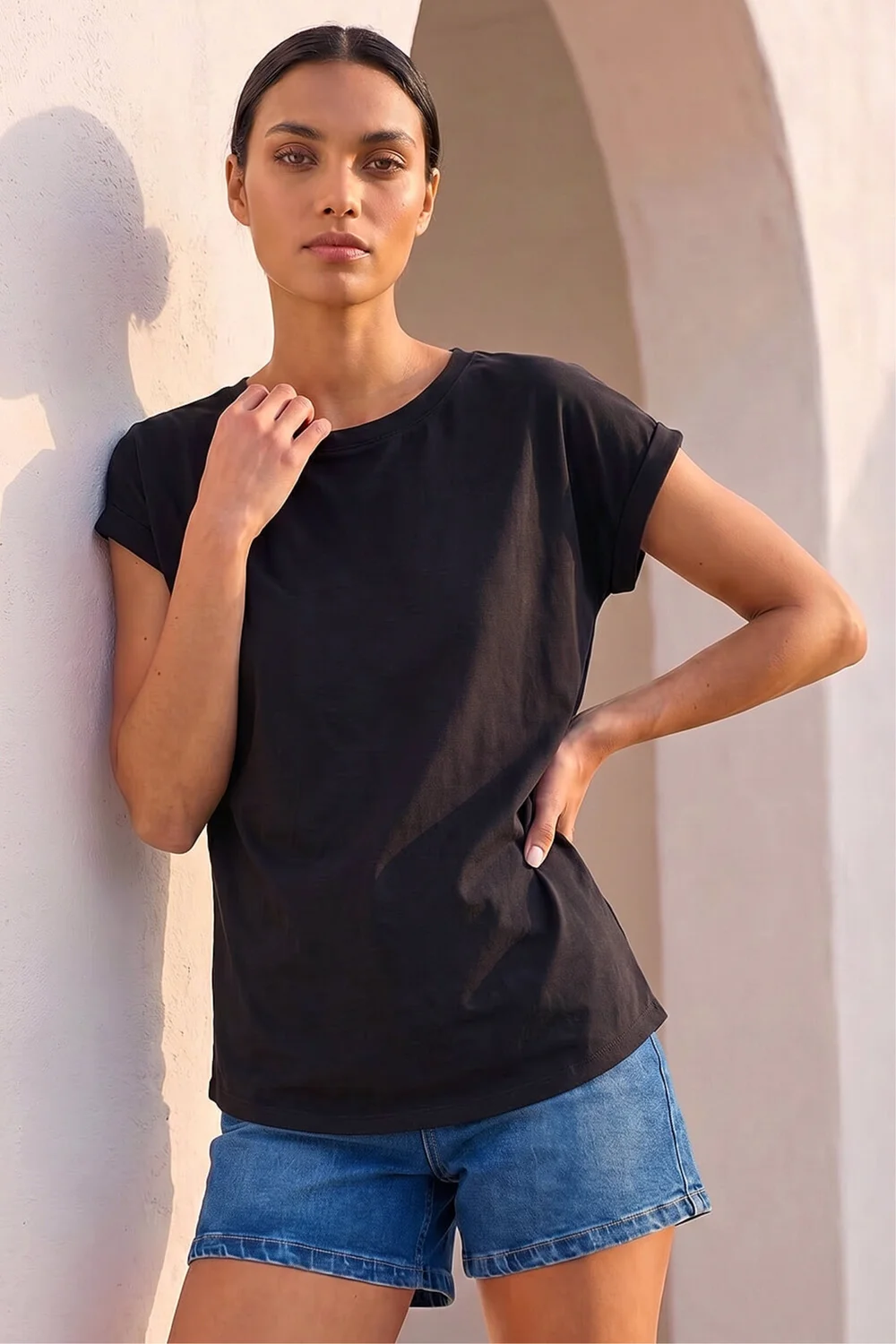 Roman Black Plain Stretch Cotton Jersey T-Shirt - 22 Image 1