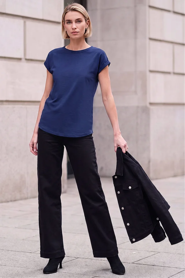 Roman Navy Plain Stretch Cotton Jersey T-Shirt