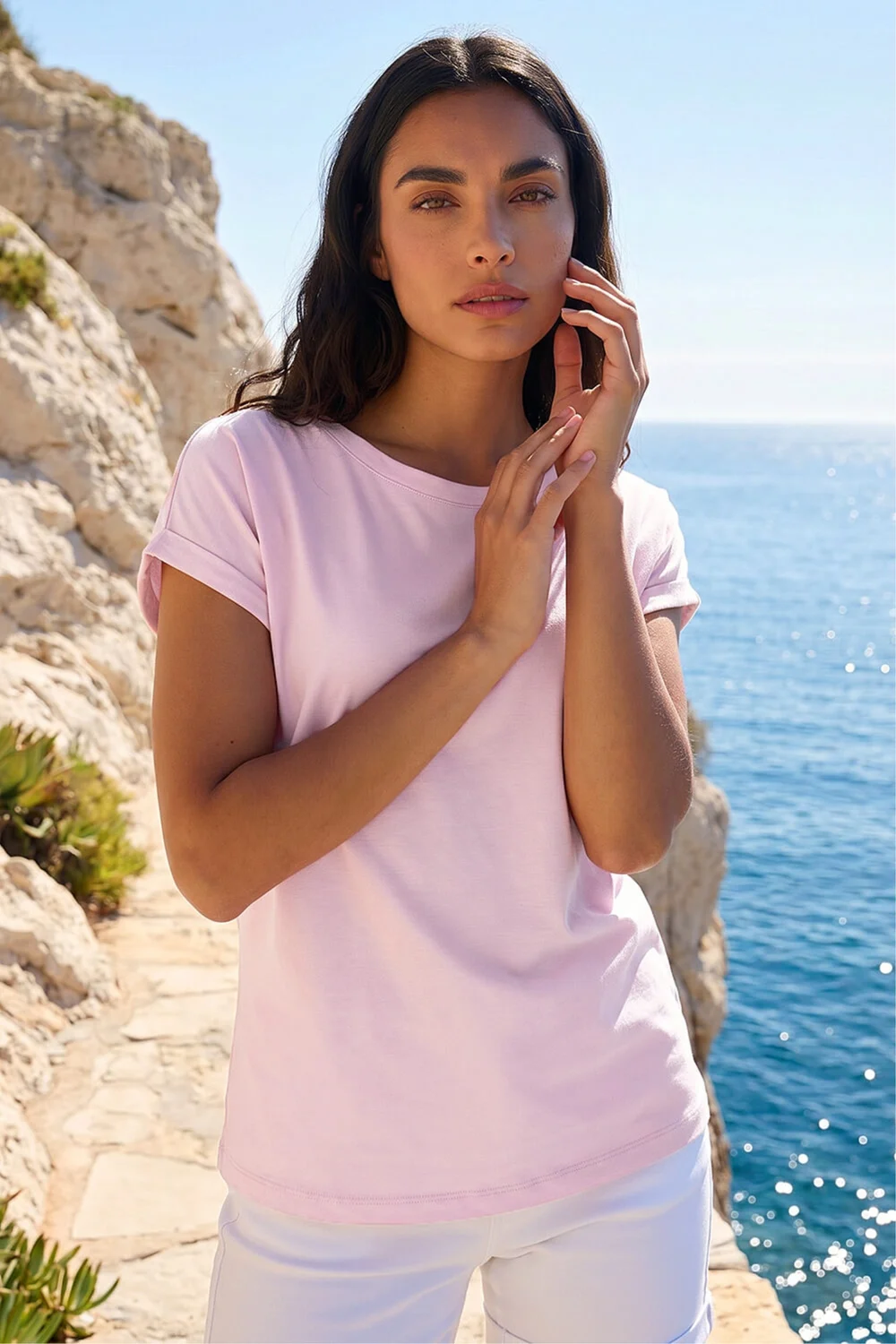 Roman Light Pink Plain Stretch Cotton Jersey T-Shirt - 14 Image 1