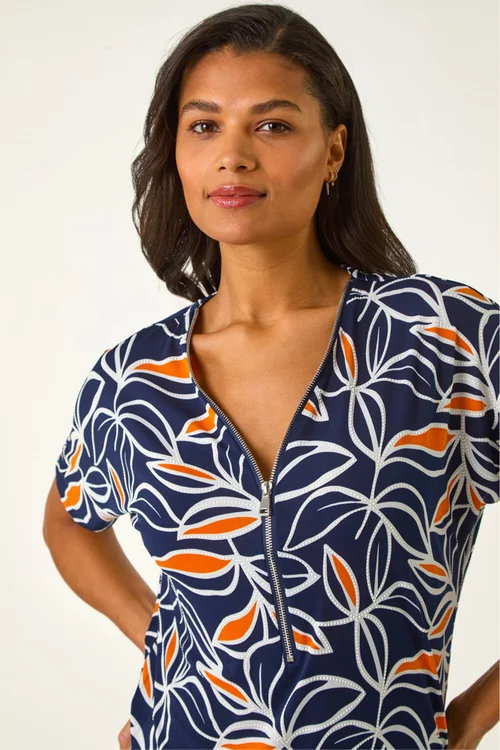 Roman Orange Textured Print Zip Detail Top - 10 Image 4
