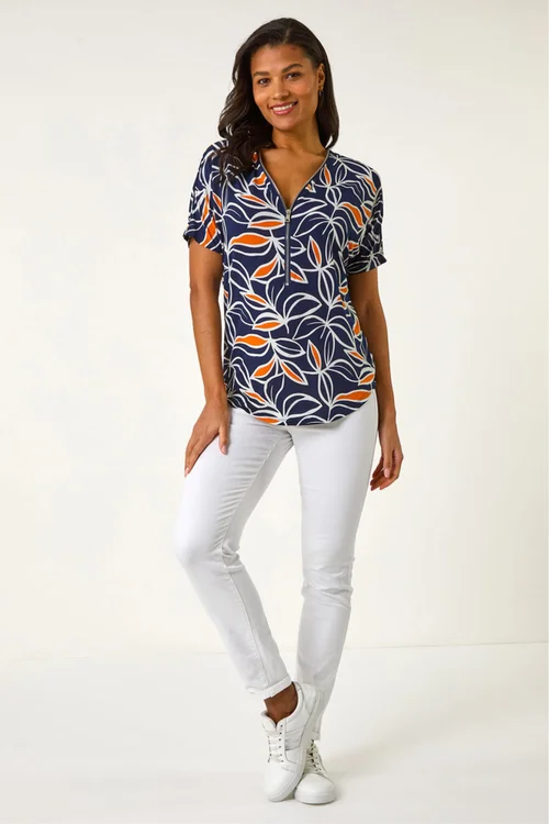 Roman Orange Textured Print Zip Detail Top - 10 Image 2