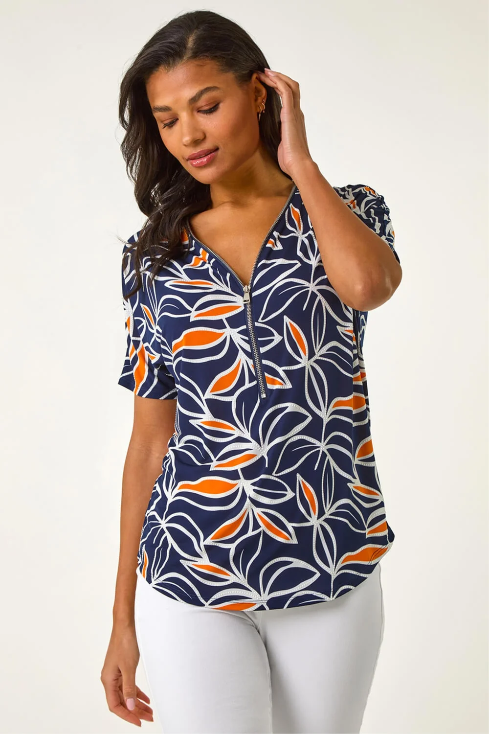 Roman Orange Textured Print Zip Detail Top - 10 Image 1