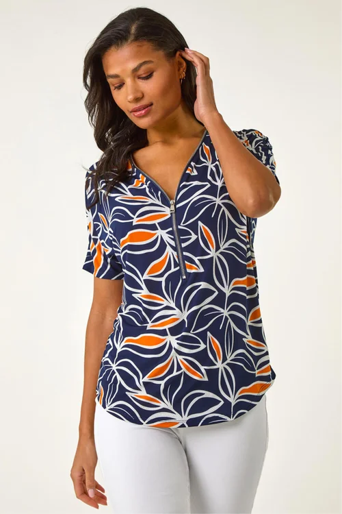 Roman Orange Textured Print Zip Detail Top - 10 Image 1