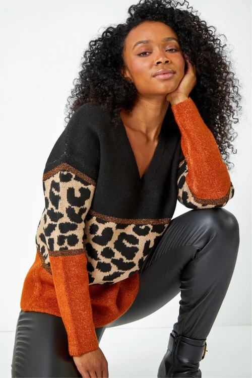 Roman Rust Petite Animal Print Colourblock Jumper - 10 Image 1
