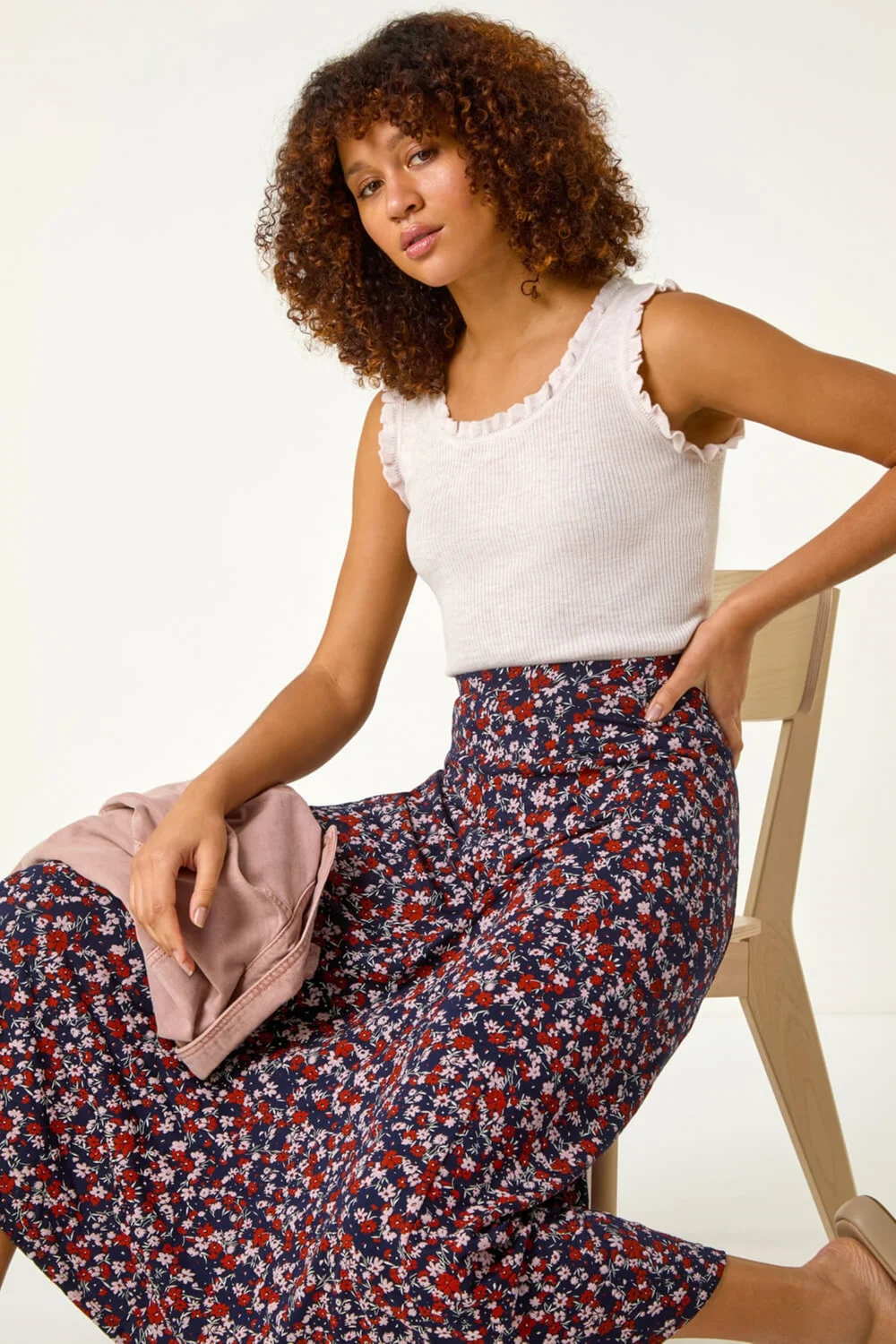 Roman Navy Ditsy Floral Stretch Midi Skirt - Size 10 Image 2
