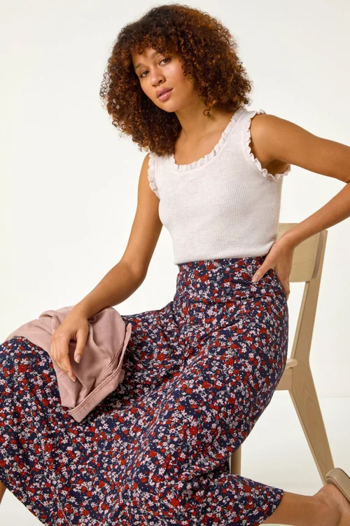Roman Navy Ditsy Floral Stretch Midi Skirt - Size 10 Image 2
