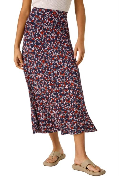 Roman Navy Ditsy Floral Stretch Midi Skirt - Size 10 Image 1