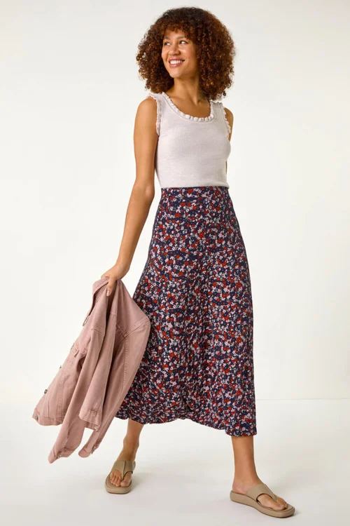 Roman Navy Ditsy Floral Stretch Midi Skirt - Size 10 Image 3