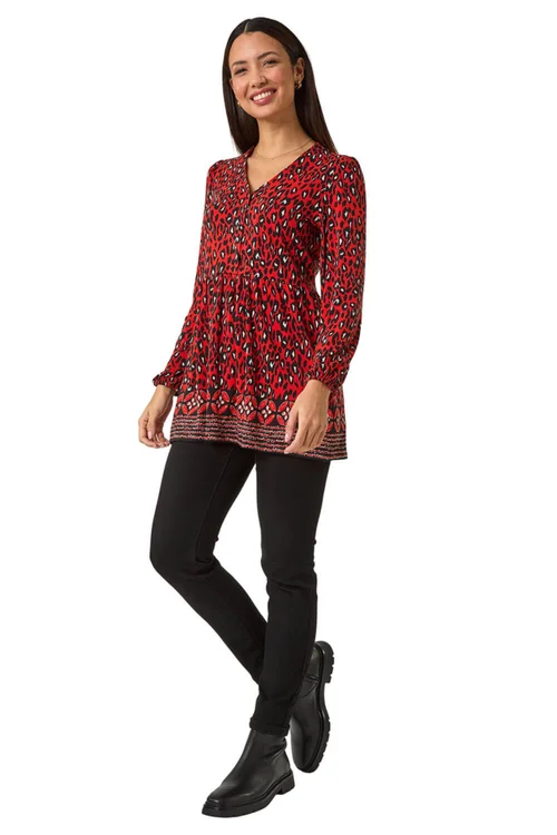 Roman Red Abstract Printed V-Neck Tunic Top - 10 Image 2