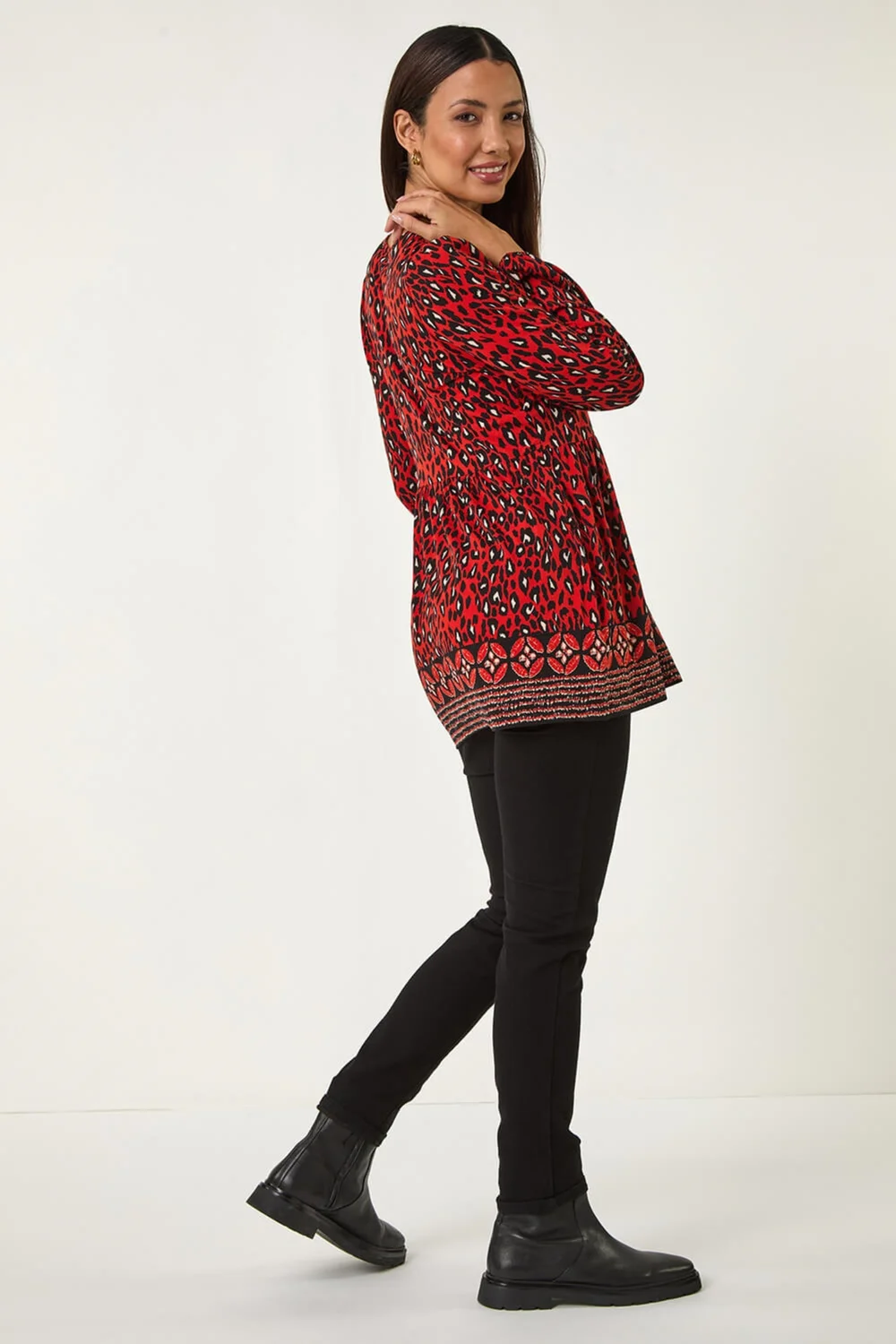 Roman Red Abstract Printed V-Neck Tunic Top - 10 Image 3