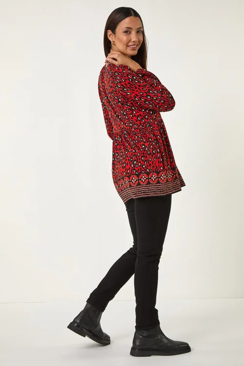 Roman Red Abstract Printed V-Neck Tunic Top - 10 Image 3