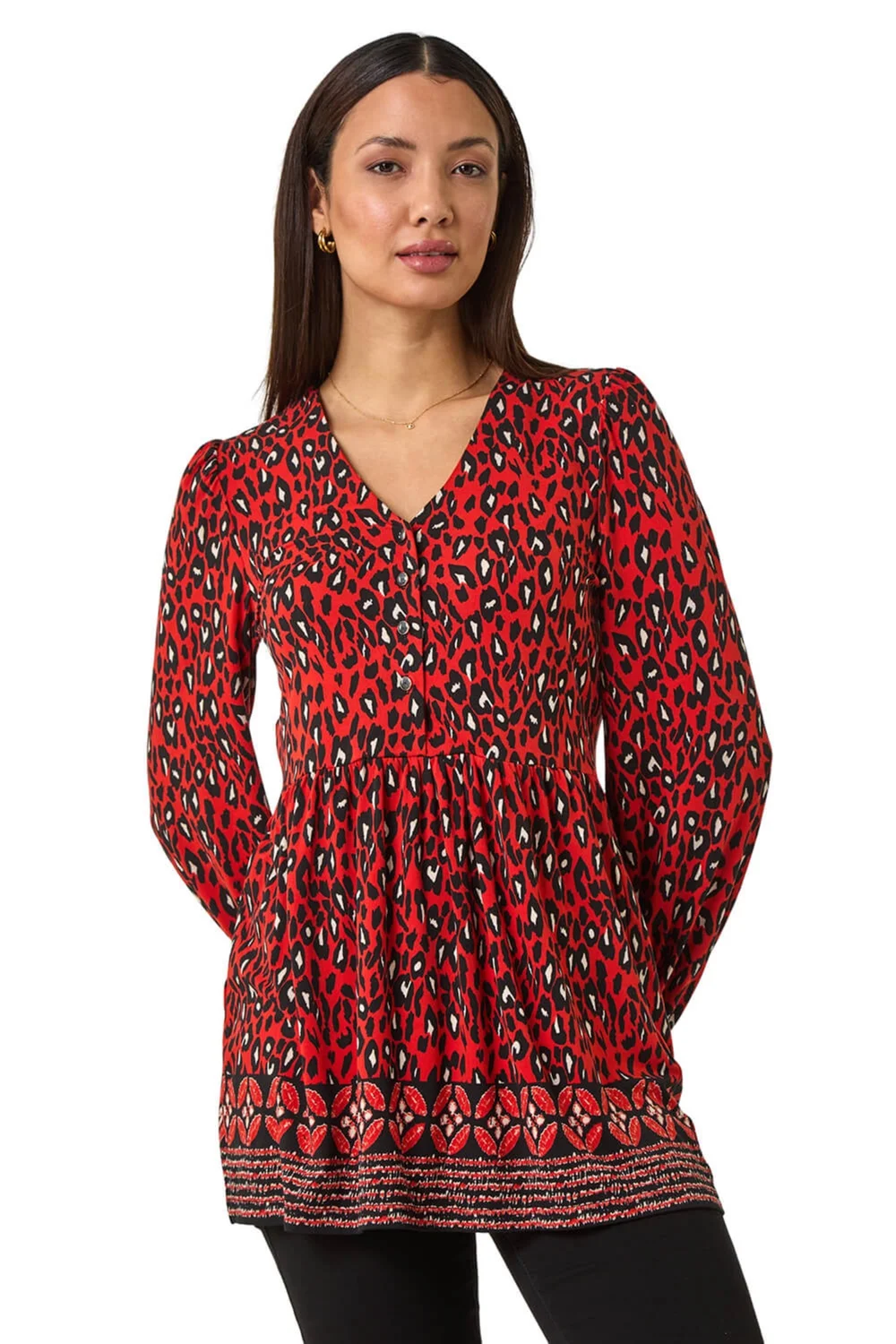 Roman Red Abstract Printed V-Neck Tunic Top - 10 Image 1