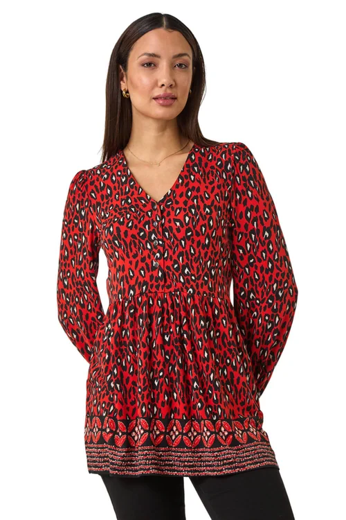 Roman Red Abstract Printed V-Neck Tunic Top - 10 Image 1