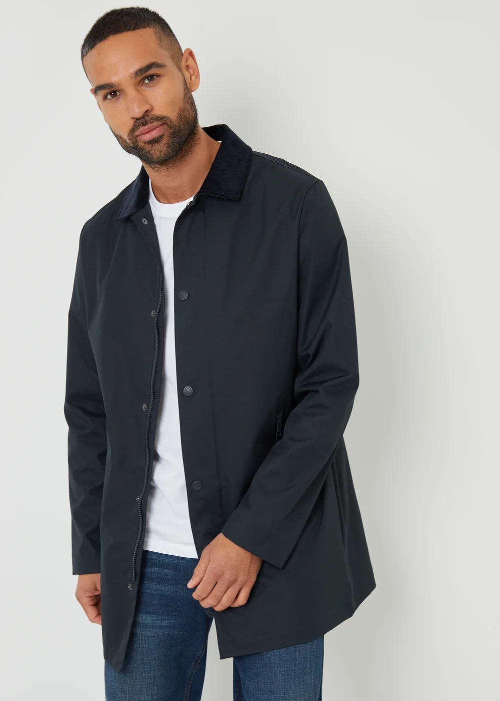 Threadbare Navy Showerproof Longline Corduroy Collar Mac - S Image 1