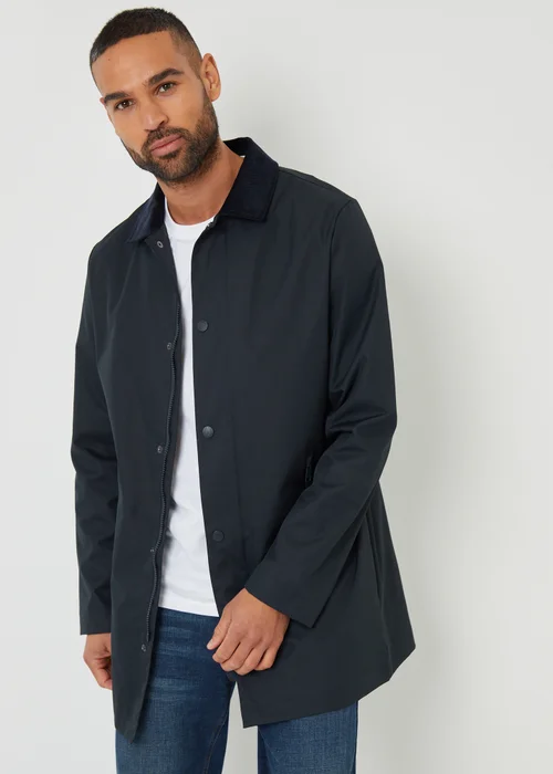 Threadbare Navy Showerproof Longline Corduroy Collar Mac - S Image 1