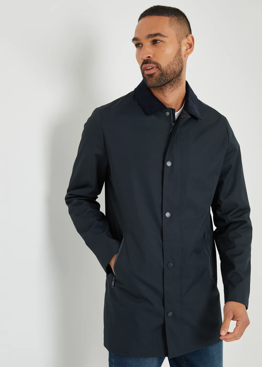 Threadbare Navy Showerproof Longline Corduroy Collar Mac - S Image 5