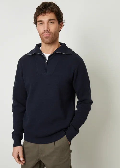 Threadbare Navy Rib Panel Quarter Zip Jumper - M Image 1