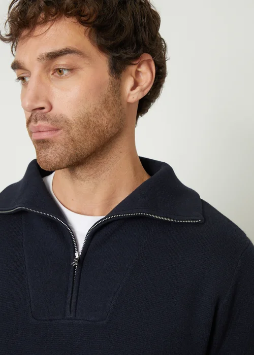 Threadbare Navy Rib Panel Quarter Zip Jumper - M Image 3