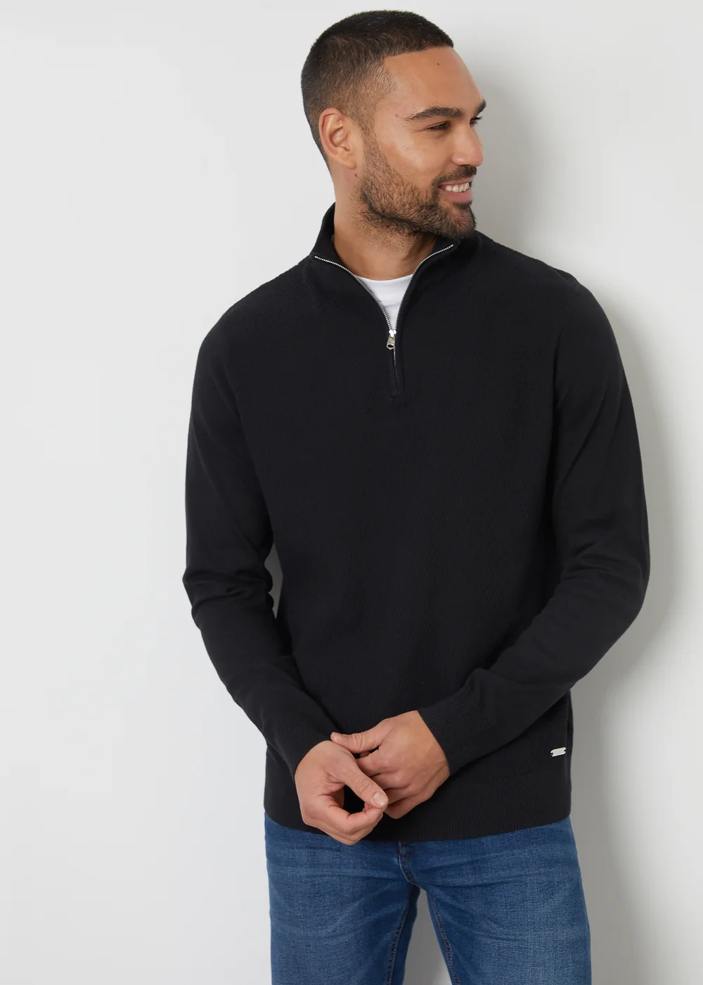 Threadbare Black Basket Stitch Mock T-Shirt Quarter Zip Jumper - S Image 1