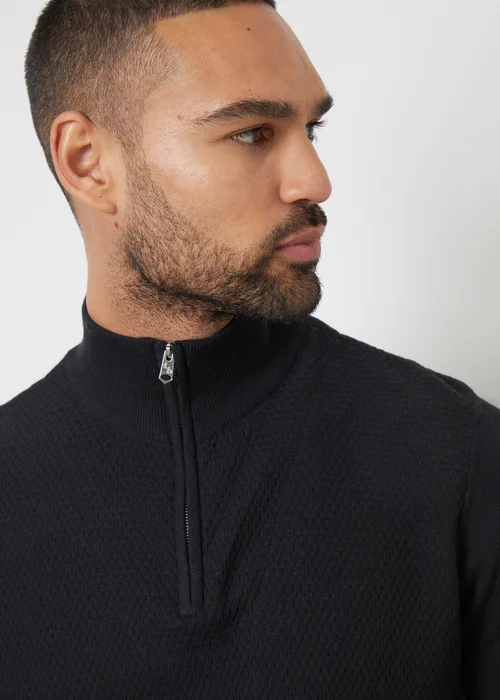 Threadbare Black Basket Stitch Mock T-Shirt Quarter Zip Jumper - S Image 3