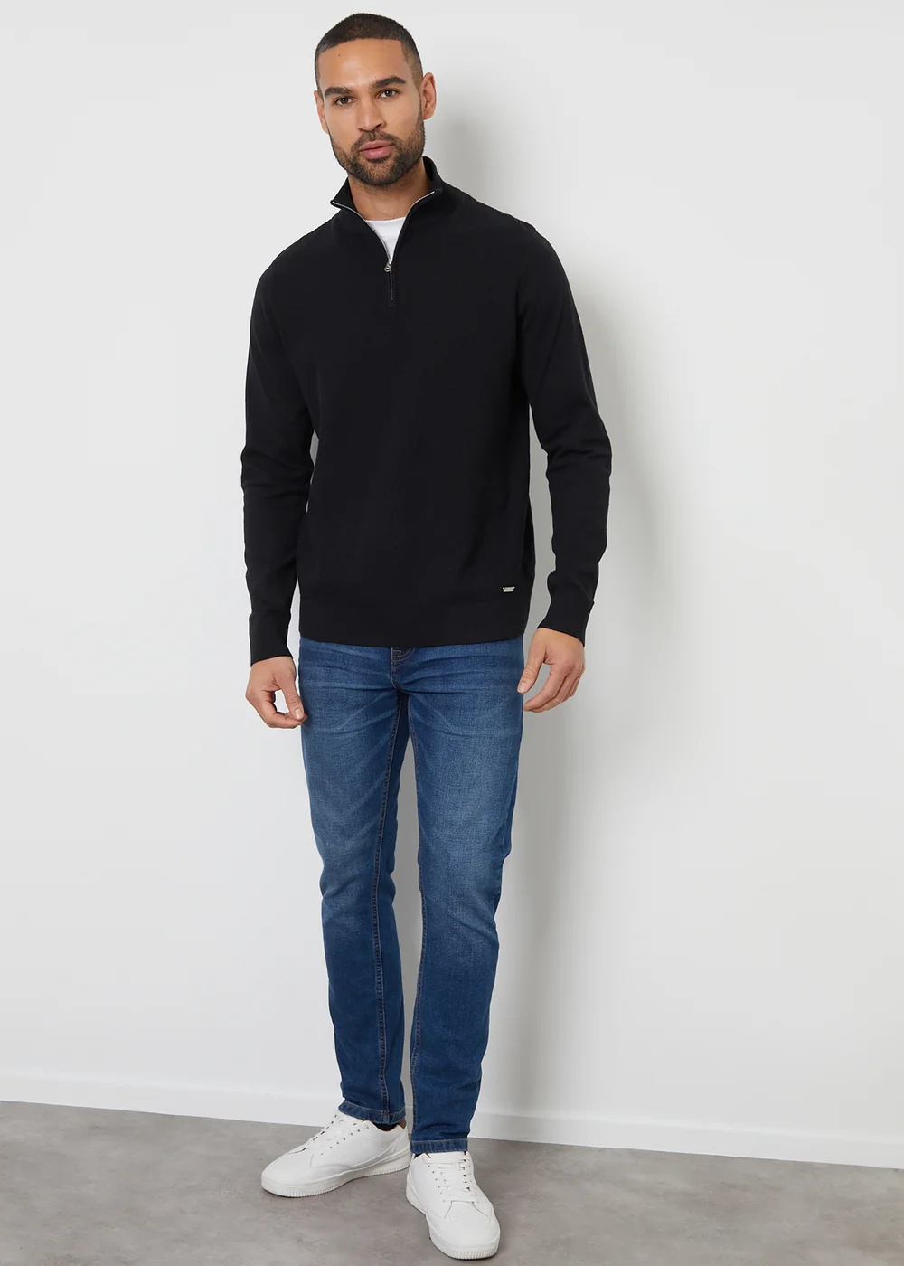 Threadbare Black Basket Stitch Mock T-Shirt Quarter Zip Jumper - S Image 4