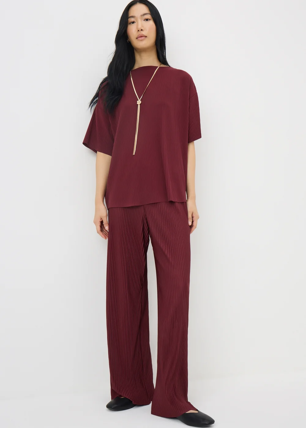 Burgundy Woven Plisse Co Ord Trousers - 22/L33 Image 1