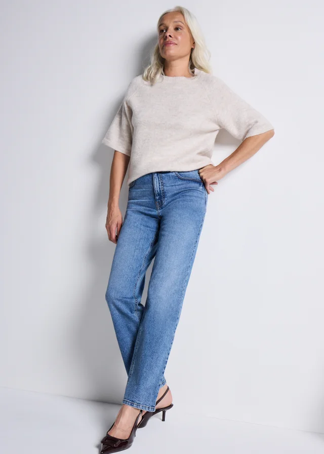 Midwash Stretch Mid Rise Straight Leg Jeans