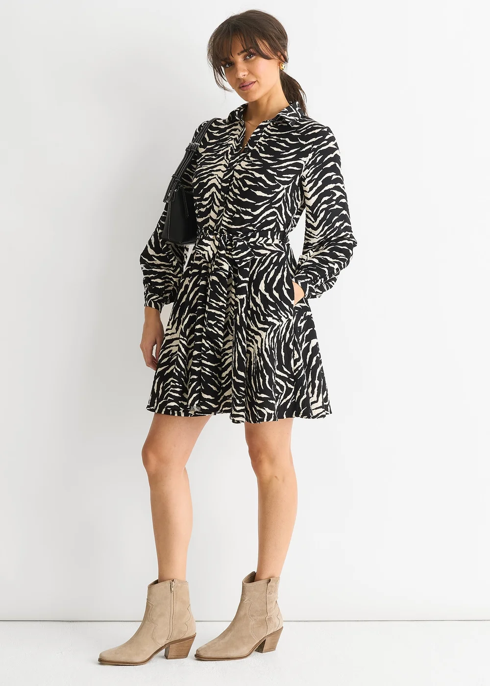 Gini London Black/ Gold Zebra Belted Shirt Dress - 8 Image 4