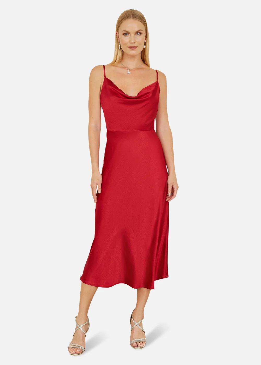Yumi Red Satin Cowl Neck Midi Dress - 8 Image 2