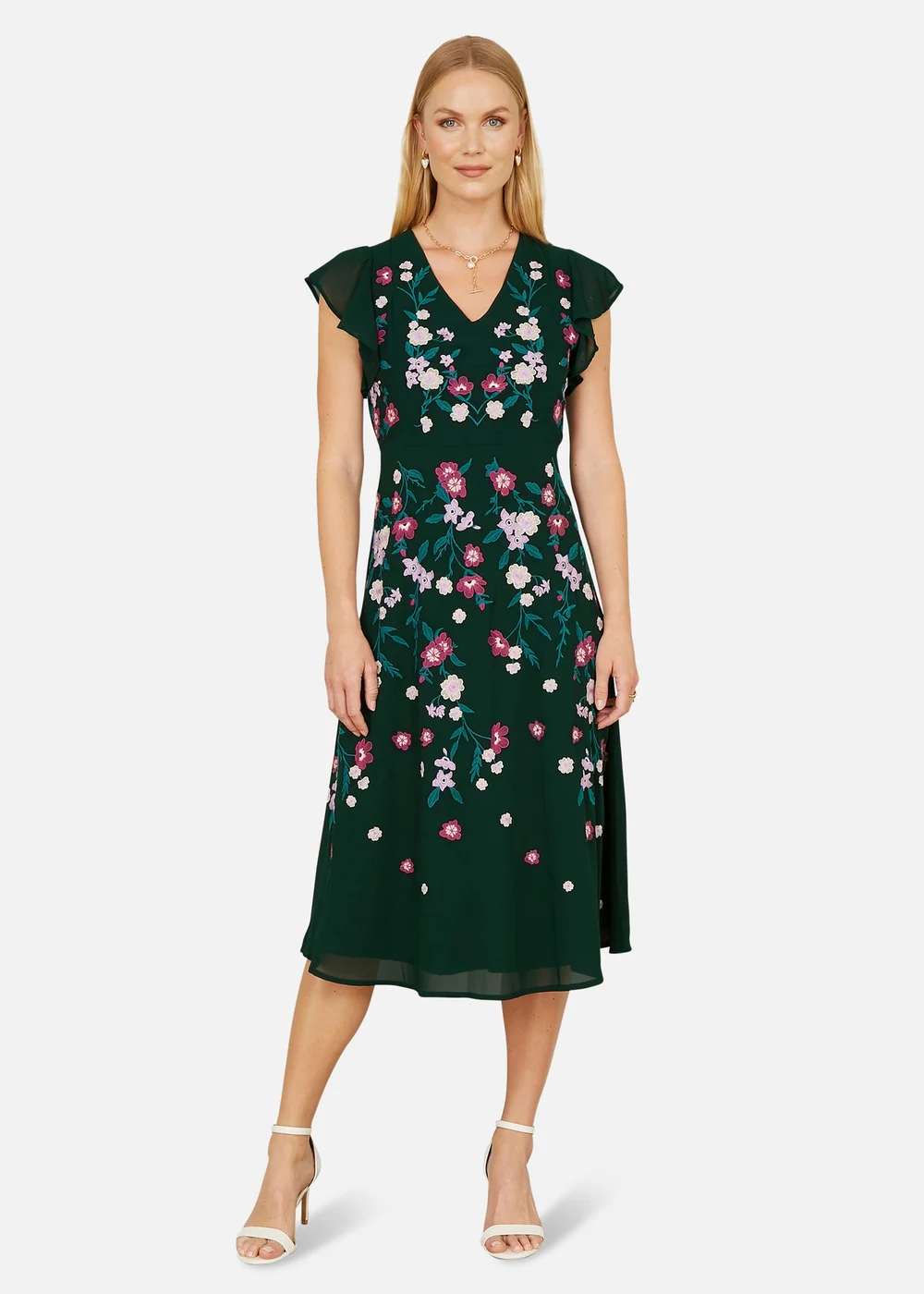 Yumi Green All Over Floral Embroidery Midi Skater Dress - 14 Image 1