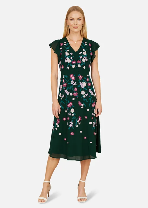 Yumi Green All Over Floral Embroidery Midi Skater Dress - 14 Image 1