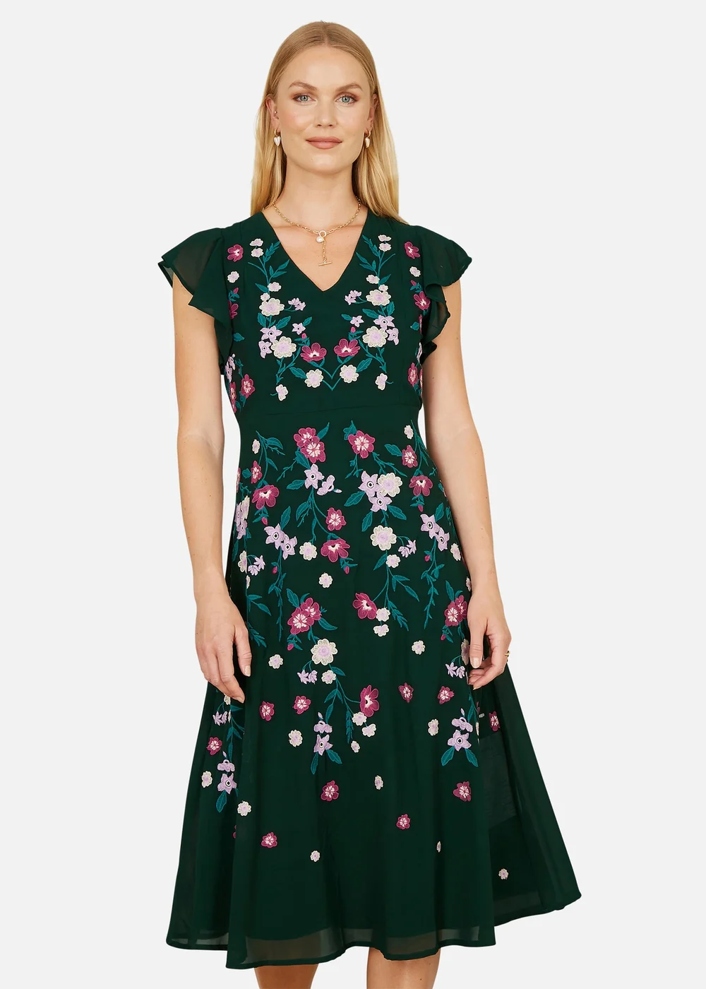 Yumi Green All Over Floral Embroidery Midi Skater Dress - 14 Image 2