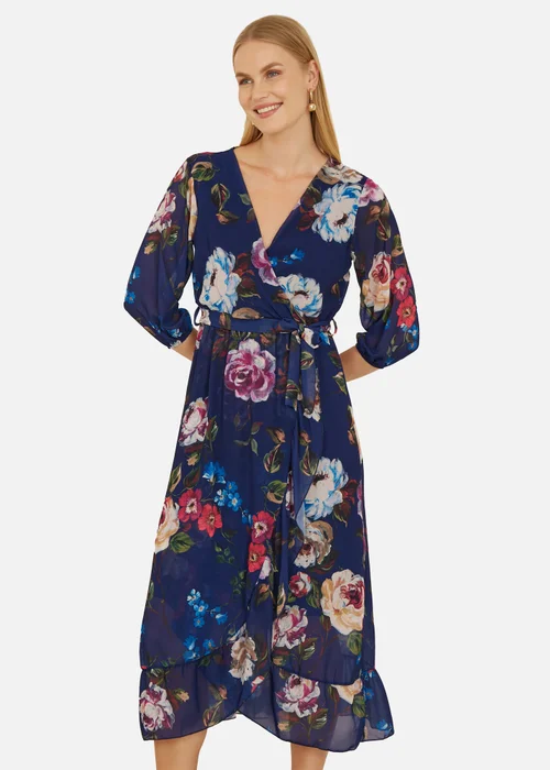 Yumi Navy Watercolour Dip Hem Midi Wrap Dress - 8 Image 1