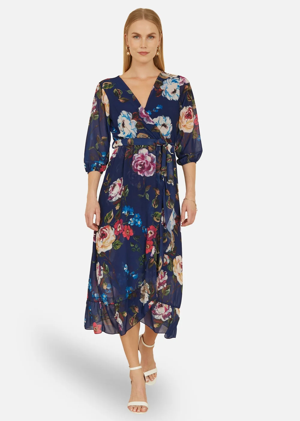 Yumi Navy Watercolour Dip Hem Midi Wrap Dress - 8 Image 2