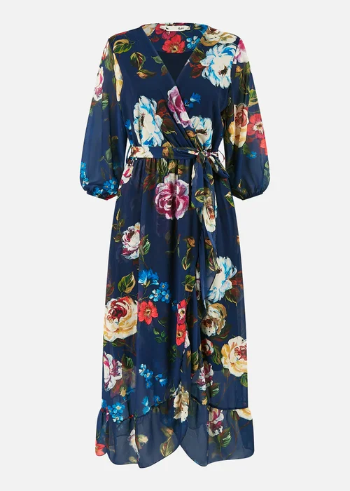 Yumi Navy Watercolour Dip Hem Midi Wrap Dress - 8 Image 3