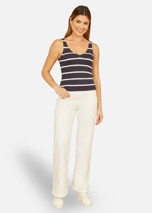 Yumi Navy Striped Sparkle Knitted Vest Top - S Image 2