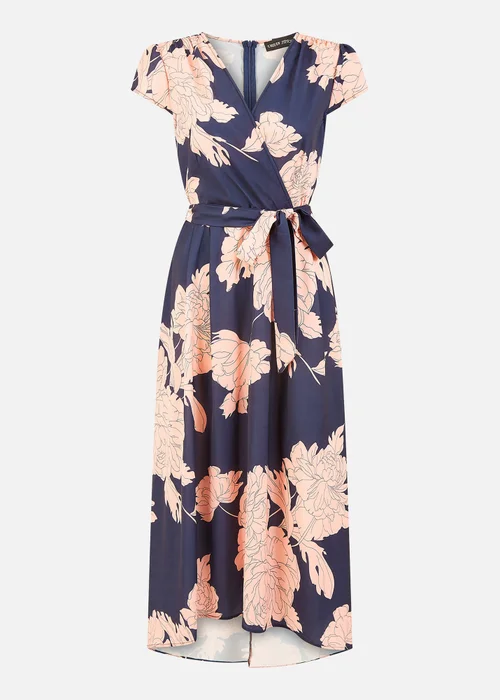 Yumi Navy Blossom Print Wrap Midi With Dipped Hem - 12 Image 3
