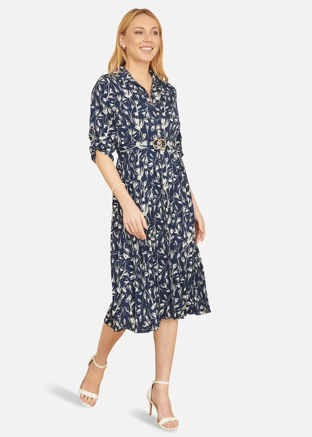 Yumi Navy Floral Print Pleated Skater Dress With Buckle - 8 Image 2